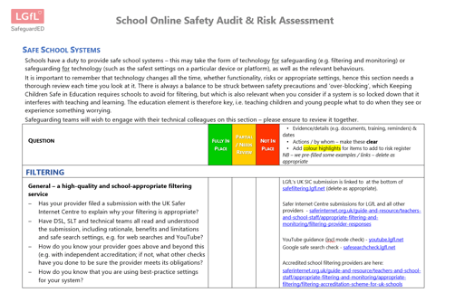 LGfL Online Safety Audit Tool interface for KCSIE 2026 annual review compliance